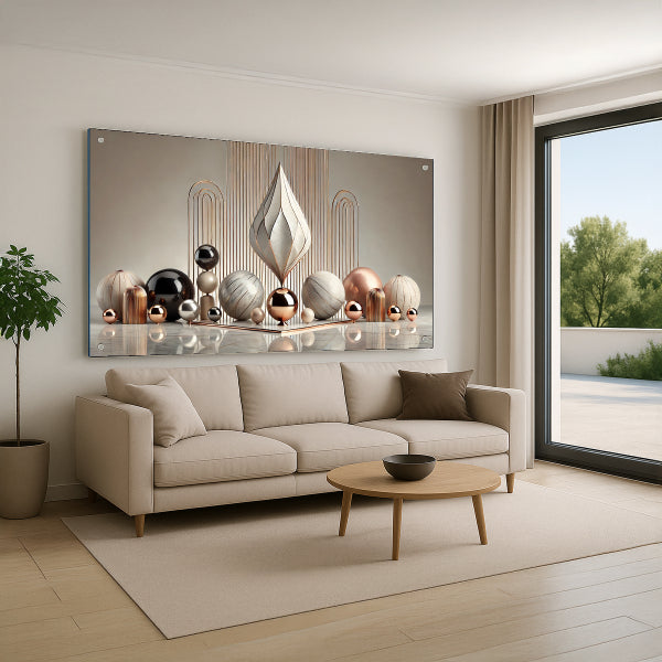 תמונת זכוכית בעיצוב מודרני עם זהב, שחור ושיש – עיצוב יוקרתי לסלון