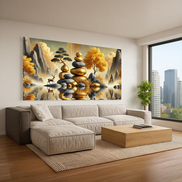 תמונת זכוכית אבנים מוזהבות ונוף שלו