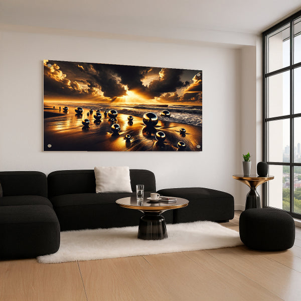 תמונת חוף זהוב עם כדורי מתכת – תמונות זכוכית