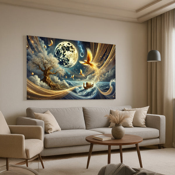 תמונת זכוכית ירח וציפור מוזהבת