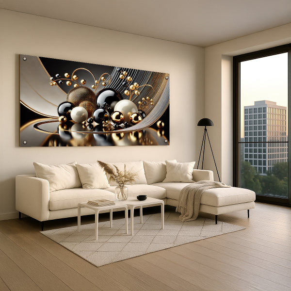 תמונת זכוכית יוקרתית של כדורי זהב ושחור בעיצוב מודרני