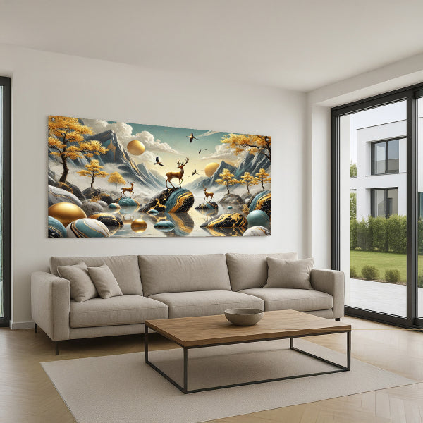 תמונות זכוכית איילים בנוף הרים זהוב