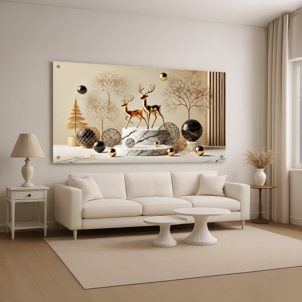 זוג איילים מוזהבים על במה לבנה – תמונות זכוכית