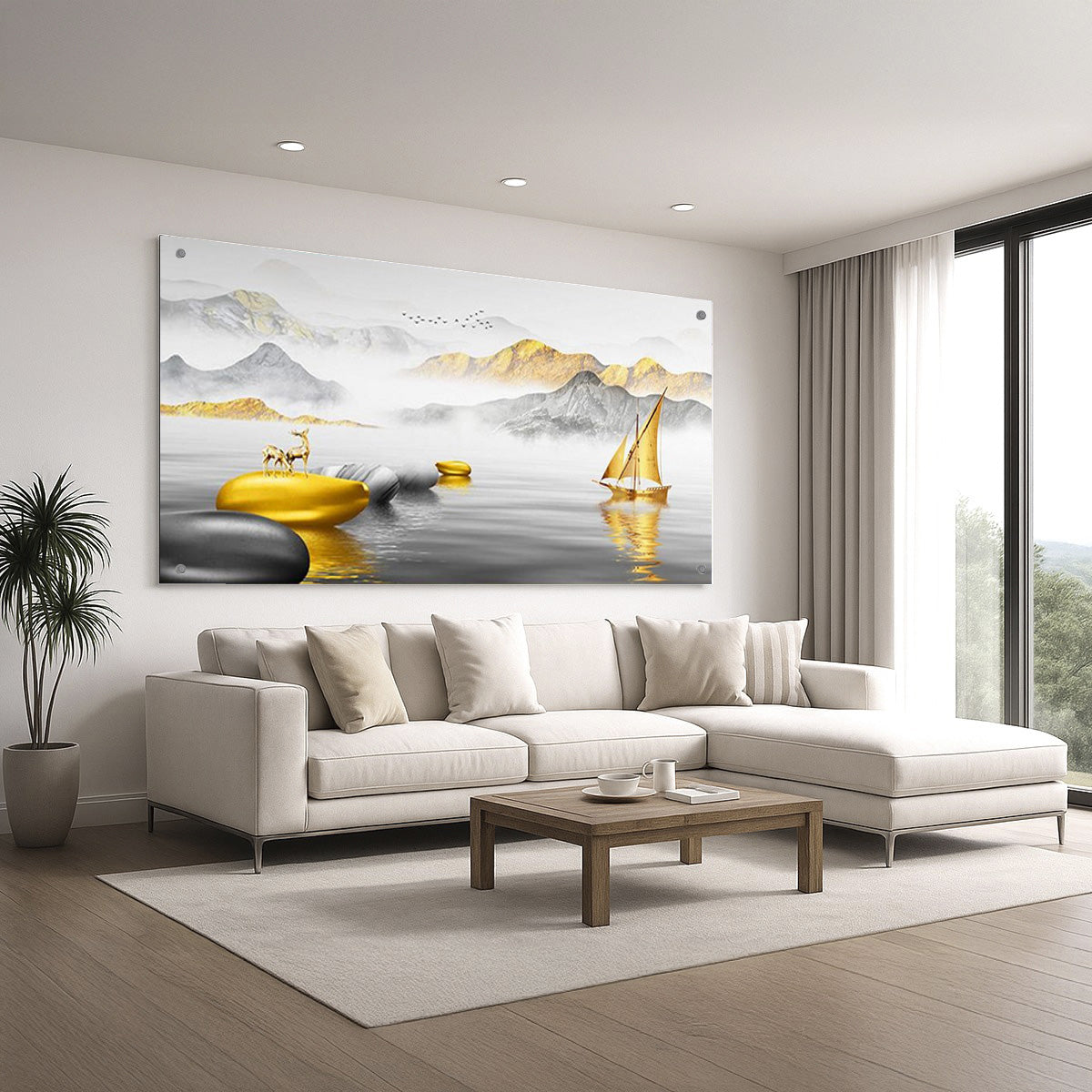 תמונת זכוכית נוף זהוב עם מפרשית