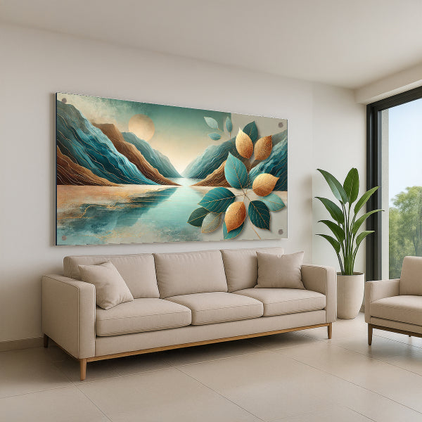 תמונת זכוכית עלים זהובים מול הרים שקטים