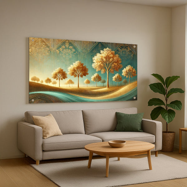 תמונת זכוכית עצים זהובים בנוף רגוע