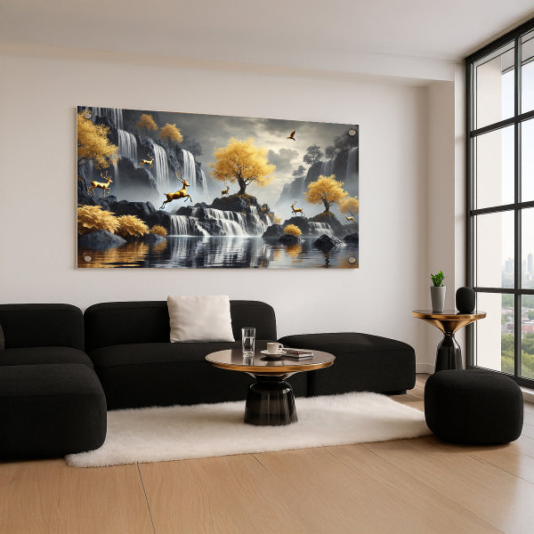 תמונות זכוכית איילים במפל זהב קסום