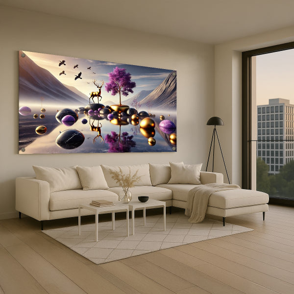 אייל ועץ סגול באגם זהוב – תמונות זכוכית