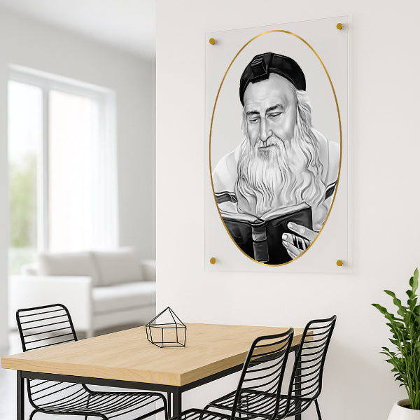 רבי מאיר בעל הנס בטלית לבנה ומסגרת זהב – תמונת זכוכית קדושה ומרוממת