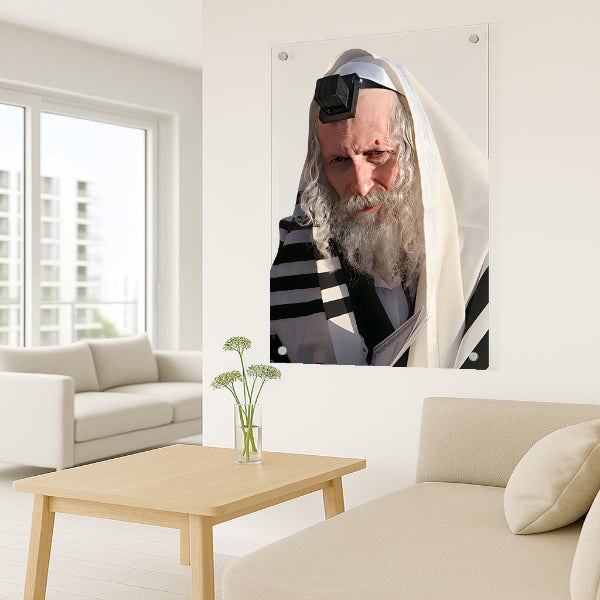 הרב אליעזר ברלנד עטוף בטלית ותפילין – תמונת זכוכית קדושה