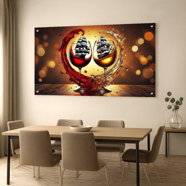 תמונה על זכוכית של ספינות בתוך גביעי יין בצבעי זהב ואדום