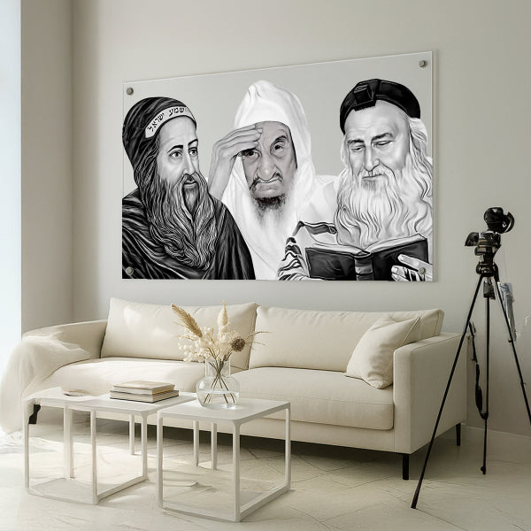 שלושה צדיקים בשחור־לבן על זכוכית – תמונות לבית