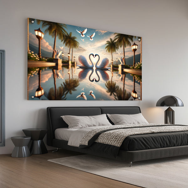 ברבורים בשקיעה טרופית – תמונות זכוכית