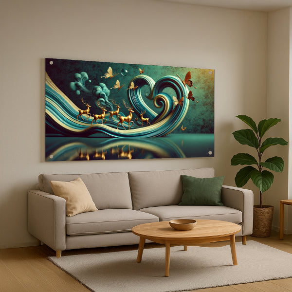 גל טורקיז עם פרפרים ואיילים – תמונות זכוכית