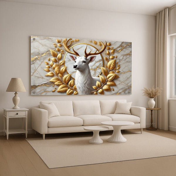 אייל לבן בזהב על רקע שיש – הדפסה על זכוכית