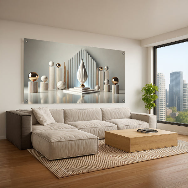 תמונת זכוכית בעיצוב מודרני בגווני לבן וזהב על רקע שיש בהיר