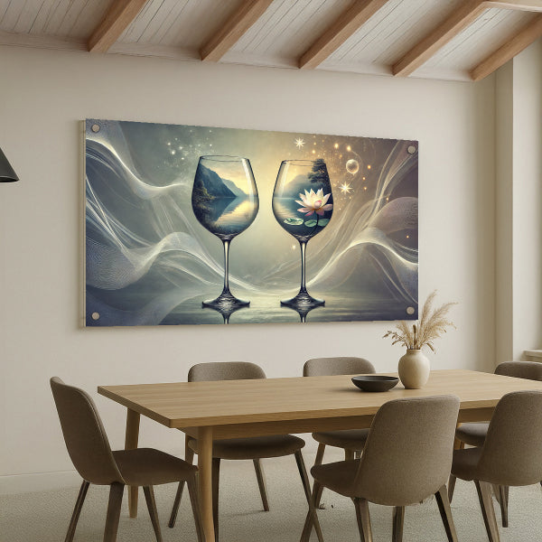 תמונות לבית עם גביעי יין, נוף הרים ופרח לוטוס