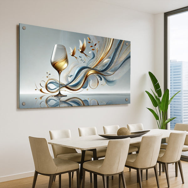 תמונת זכוכית יוקרתית עם גביע יין, גלים זהובים וציפורים מעופפות