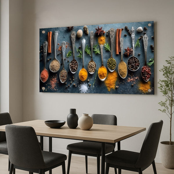 תמונת זכוכית למטבח עם כפיות תבלינים צבעוניות בעיצוב יוקרתי