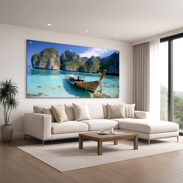 הדפסה על זכוכית - סירה תאילנדית במפרץ טורקיז עם צוקים ירוקים