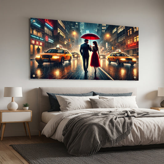 זוג עם מטרייה אדומה בלילה גשום