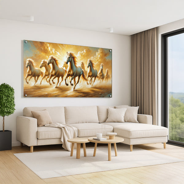 סוסי אור הדוהרים בעננים – הדפסה על זכוכית יוקרתית