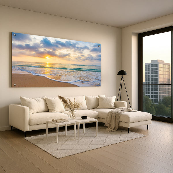 תמונות זכוכית לבית - זריחה מעל חוף זהוב עם גלים רגועים