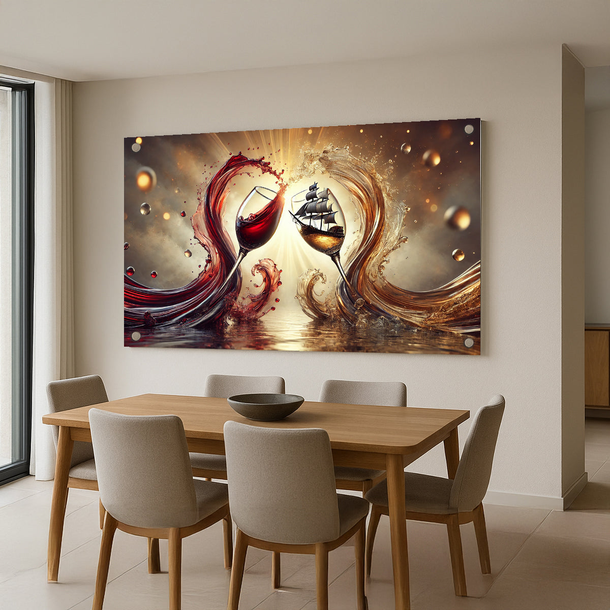 תמונת זכוכית אמנותית עם גביעי יין, ספינה וגלים זהובים