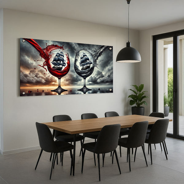 תמונת זכוכית של גביעי יין עם ספינות בלב סערה ונוף דרמטי