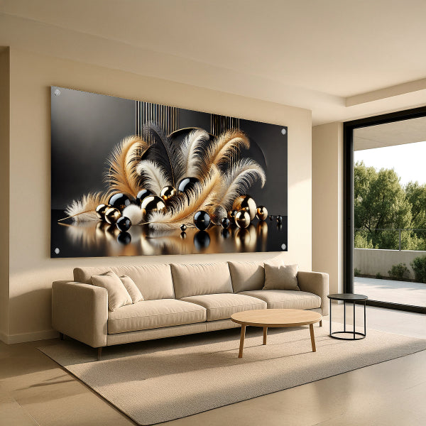 הדפסה על זכוכית נוצות זהב ושחור