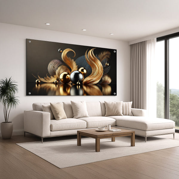 הדפסה על זכוכית נוצות זהב שחור יוקרתיות