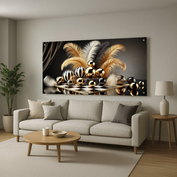 הדפסה על זכוכית נוצות זהב וכדורי שחמט יוקרתיים