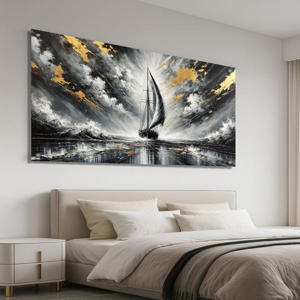 סירה בלב סערה בגווני זהב – הדפסה על זכוכית