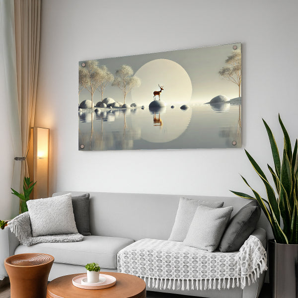 תמונת זכוכית אייל מול ירח מלא באגם שקט – תמונות זכוכית יוקרתיות לבית