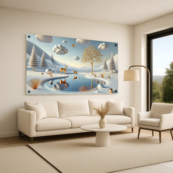 תמונת זכוכית איילים לצד אגם זהוב בנוף חורפי – תמונות זכוכית לסלון