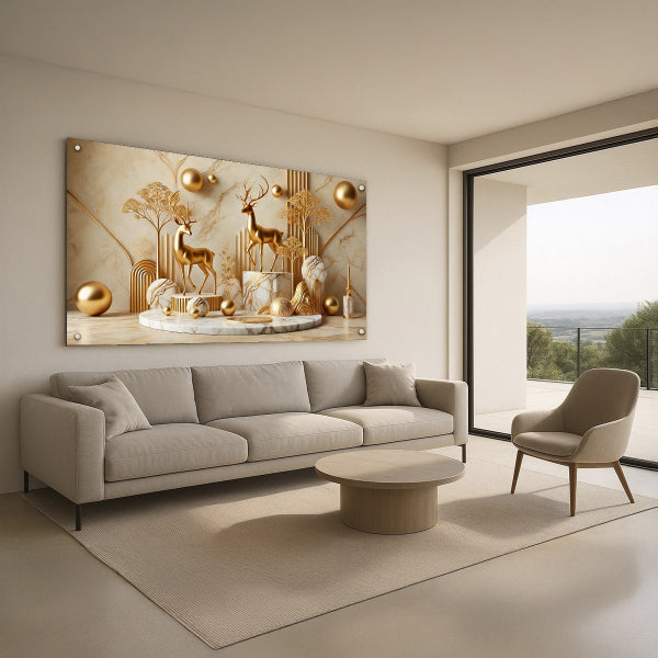 תמונת זכוכית איילים מוזהבים על רקע שיש יוקרתי – תמונות זכוכית לסלון