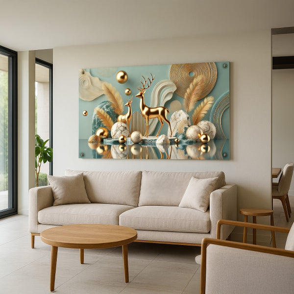 איילים מוזהבים בין עלים ונוצות בגווני טורקיז וזהב – תמונות זכוכית יוקרתיות