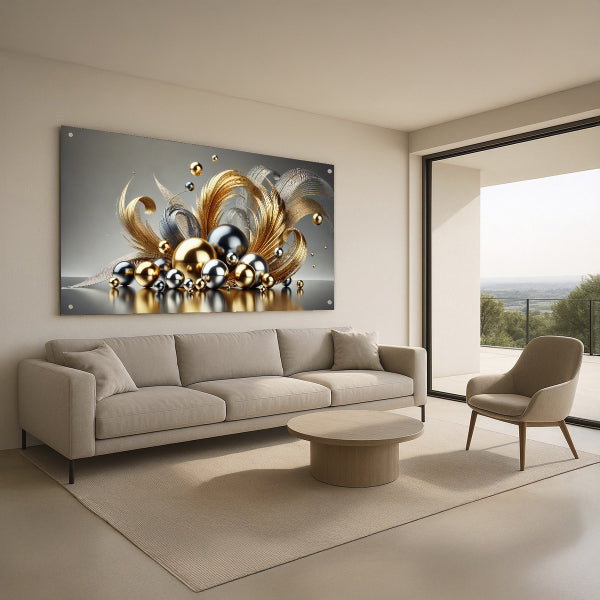 תמונת זכוכית נוצות זהב וכדורי כסף בעיצוב יוקרתי