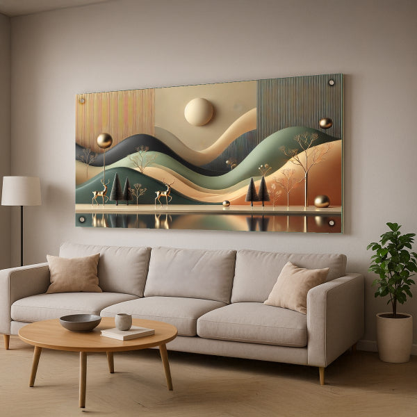 תמונת זכוכית נוף הרים זהוב עם איילים – תמונות זכוכית מודרניות לבית