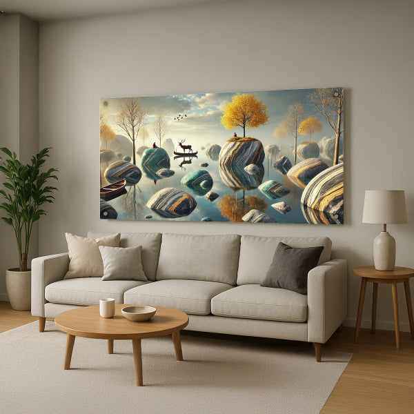 אייל ועץ זהוב על סלעים – תמונות זכוכית