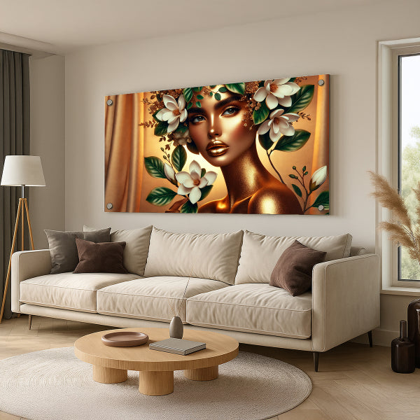 דיוקן נשי זהוב עם פרחי מגנוליה לבנים - תמונת זכוכית יוקרתית לסלון או חדר שינה