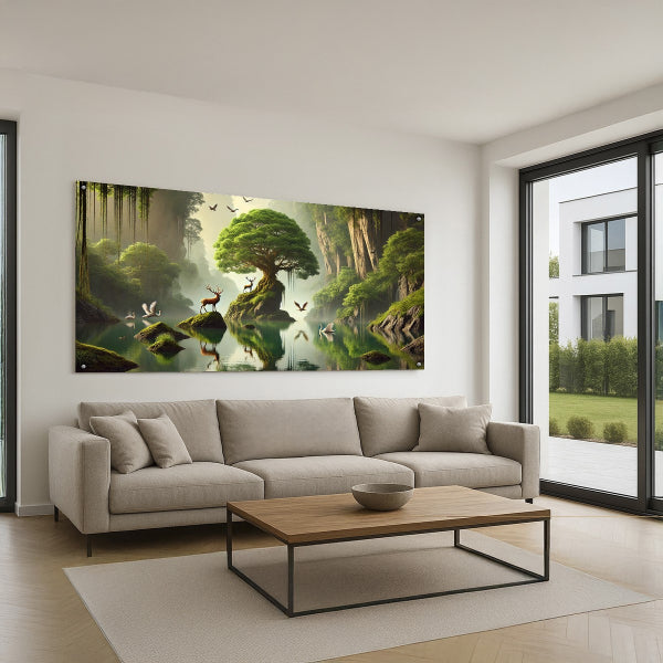 תמונת זכוכית נוף ירוק קסום עם עץ עתיק ואייל על רקע מים רגועים – תמונות זכוכית לבית