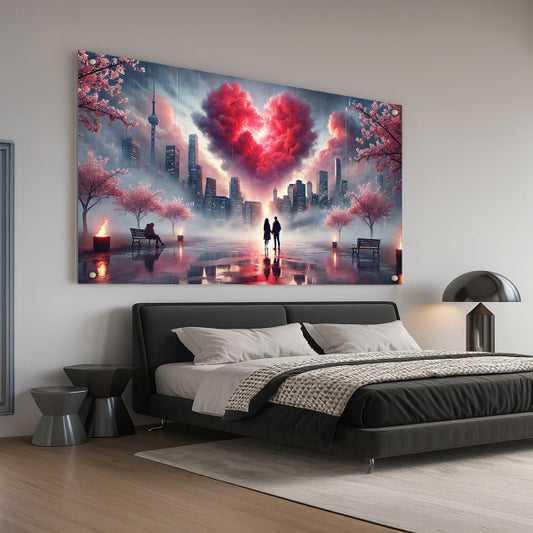 לב ורוד בעננים מעל עיר מודרנית – תמונות נוי