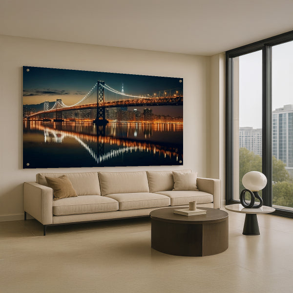 תמונות לבית - גשר מואר בלילה המשתקף במים בעיצוב מודרני