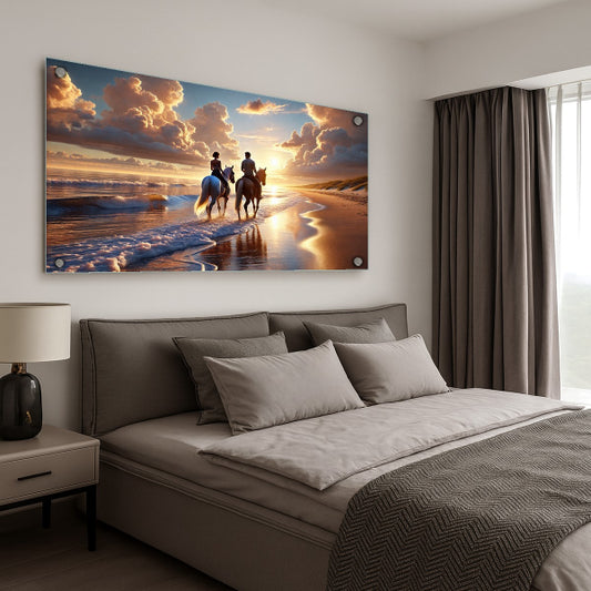 תמונה של זוג רוכבים על סוסים בשקיעה לאורך חוף הים – יצירת אמנות על זכוכית
