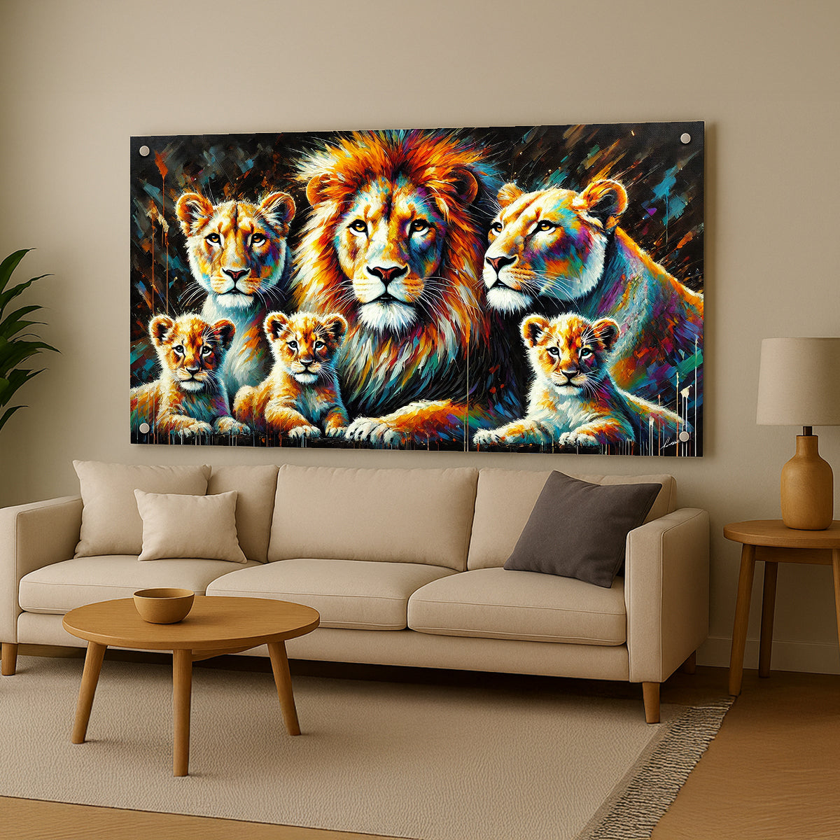 משפחת אריות צבעונית - תמונות זכוכית