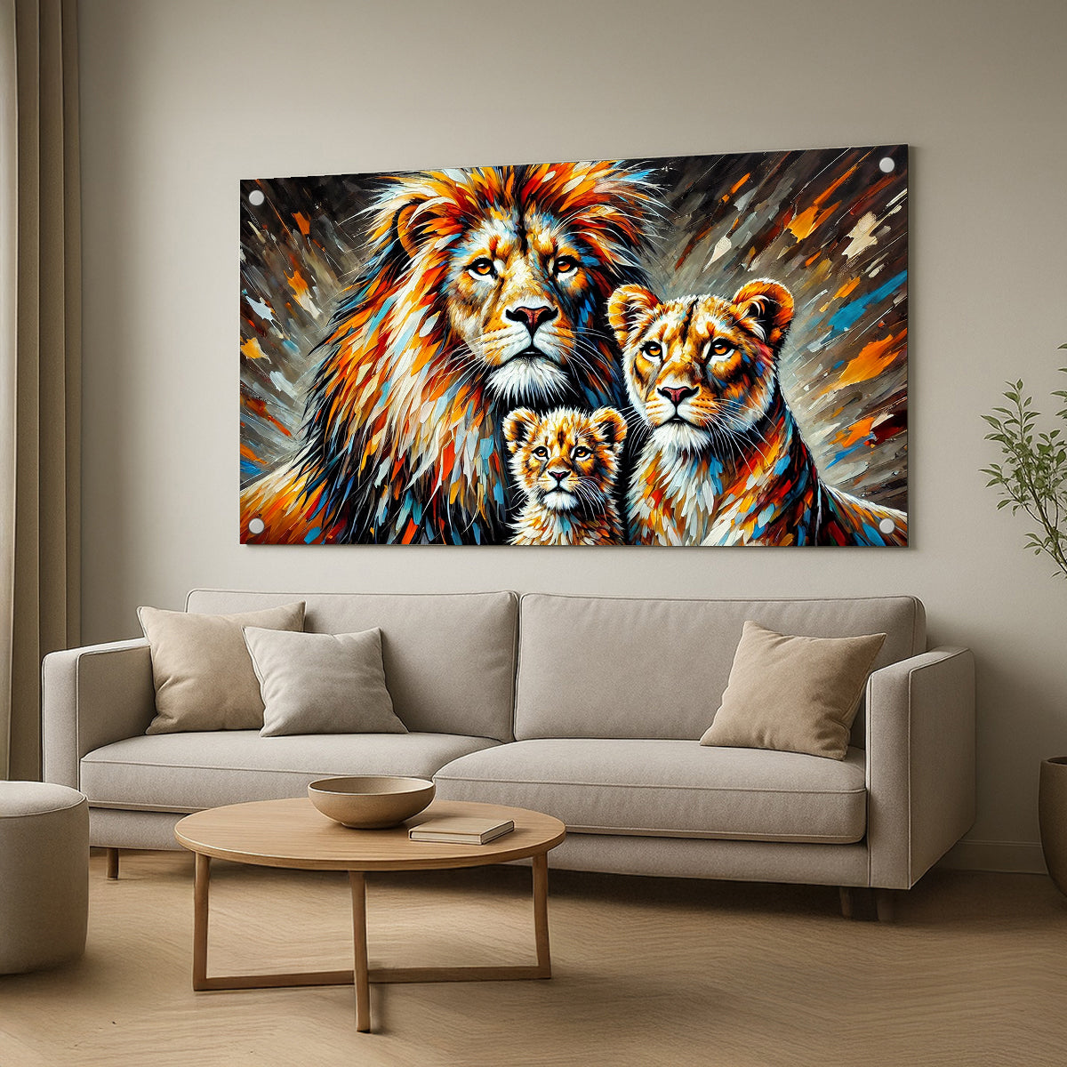 משפחת אריות בצבעים חמים – יצירת זכוכית אמנותית לסלון יוקרתי