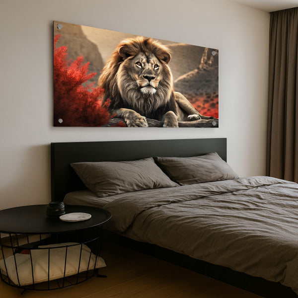 אריה רגוע על סלע באווירה טבעית - הדפסה על זכוכית