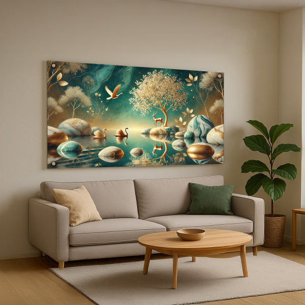 תמונת זכוכית טבע קסום עם איילים וברבורים במים רגועים – תמונות זכוכית לבית