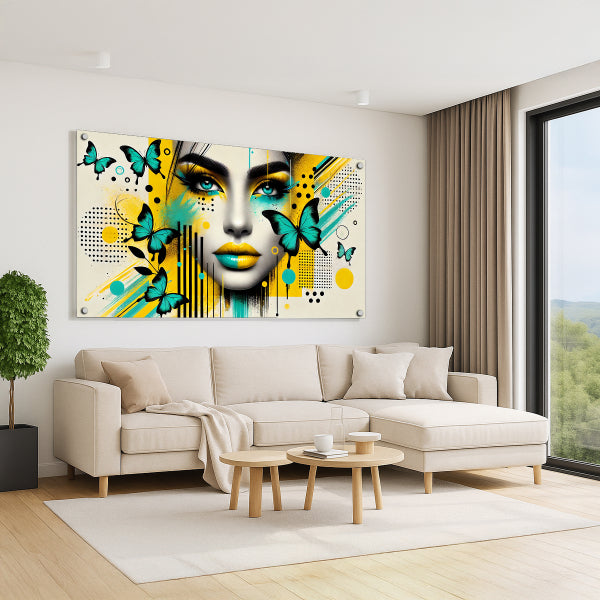דיוקן נשי צבעוני עם פרפרים בגווני טורקיז וזהב - תמונת זכוכית מודרנית לבית